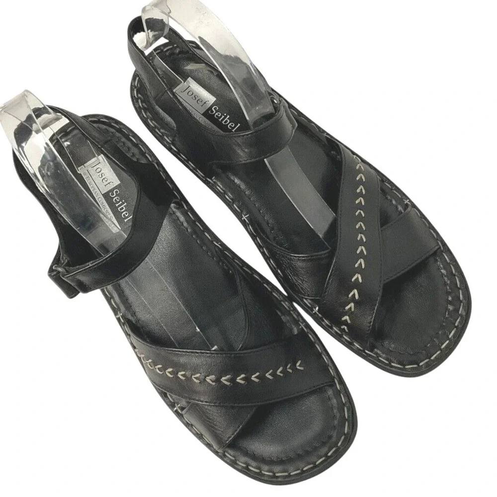 Josef Seibel Womens Leather Sandals Comfort Cross‎ Strap Black Shoes Size 10